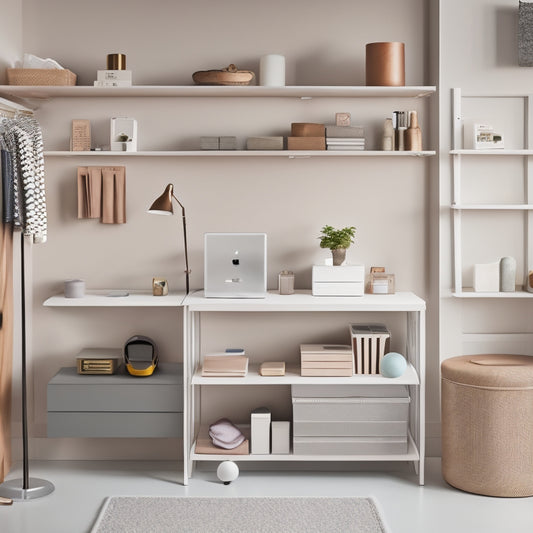 A tidy, minimalist room with a few strategically placed tools: a labeled storage bin, a ergonomic desk organizer, a cordless vacuum, and a set of stackable shelves, all in a calming, neutral color palette.