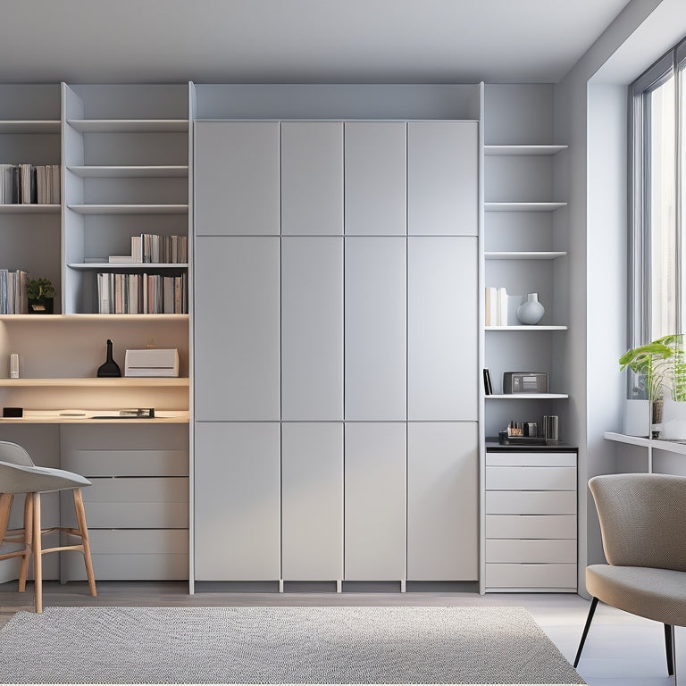 A minimalist, modern room with a Murphy bed, a wall-mounted foldable desk, and a compact shelving unit, showcasing clever storage solutions in a small, clutter-free space.