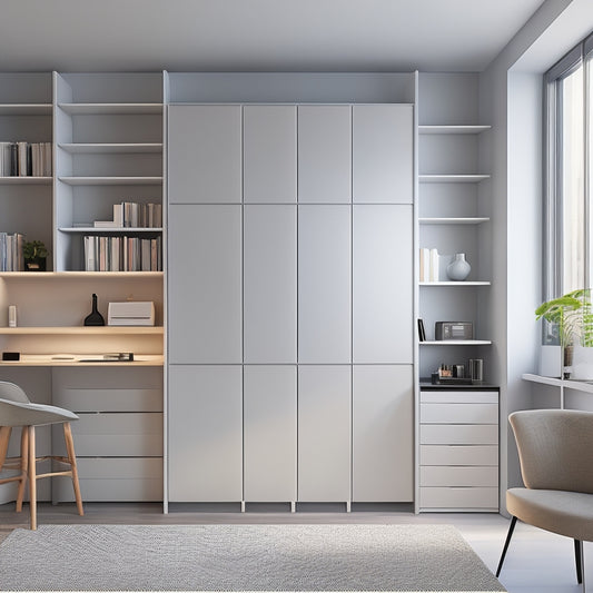 A minimalist, modern room with a Murphy bed, a wall-mounted foldable desk, and a compact shelving unit, showcasing clever storage solutions in a small, clutter-free space.