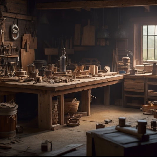 A cluttered yet organized woodworking workshop with half-finished wooden projects, various tools, and wooden planks in the background, with a subtle warm lighting and a hint of wood shavings.