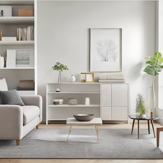 A serene, minimalist living room with a sleek, wall-mounted shelf system, a compact, cube-shaped storage ottoman, and a few, carefully curated decorative pieces, bathed in soft, natural light.