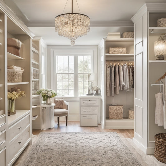A bright, airy walk-in closet with cream-colored walls, dark wood shelves, and a plush area rug, featuring a mix of open and closed storage, with a stylish chandelier hanging from the ceiling.