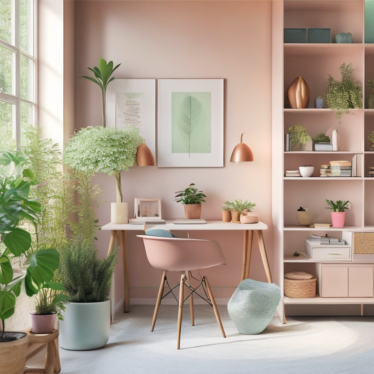 A serene, well-lit home interior with a minimalist aesthetic, featuring a tidy desk with a few neatly labeled files, a compact shelving unit, and a few potted plants, all in soothing pastel hues.