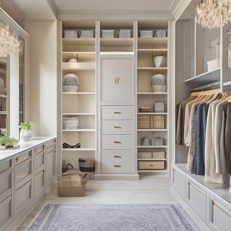 A serene, modern walk-in closet with floor-to-ceiling shelves, soft-close drawers, and a central island with a glass countertop, set against a calming gray and cream color scheme.