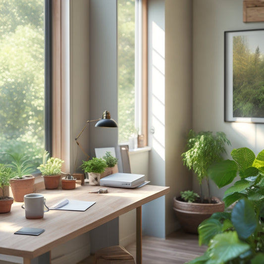 A serene, minimalist workspace with a wooden desk, a few neatly arranged jigsaw puzzle pieces, and a few organized files, surrounded by calming greenery and soft, natural light.
