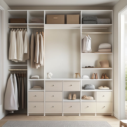 A serene, minimalist closet interior with soft, natural light, featuring a mix of open shelves, drawers, and rods, all neatly organized with folded clothes, shoes, and accessories.