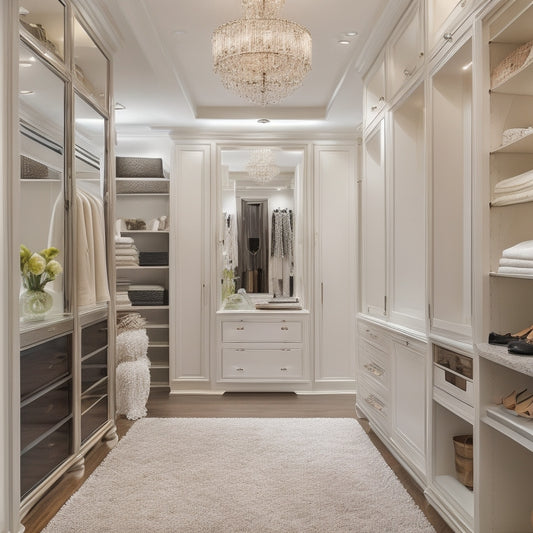 A serene, well-organized walk-in closet with creamy white shelves, dark wood floors, and a central island featuring a velvet-lined jewelry tray, surrounded by elegant, floor-to-ceiling mirrored panels.