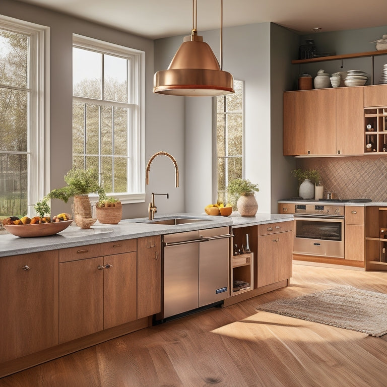 A modern kitchen with a curved island featuring a built-in sink, wine rack, and pendant lights, surrounded by wooden stools, a patterned rug, and a large window with natural light pouring in.