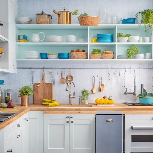A bright, modern tiny kitchen with sleek white cabinets, a compact island, and a pegboard on the wall, showcasing organized utensils, pots, and pans in a harmonious, clutter-free space.