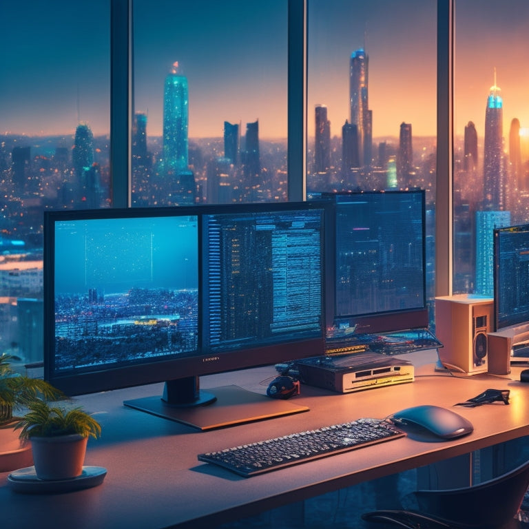 A futuristic, high-tech illustration of a coding workspace: a monitor displaying Windows 7 code, surrounded by futuristic gadgets, wires, and circuit boards, with a subtle cityscape at dusk in the background.