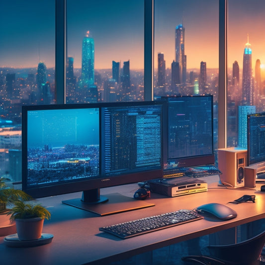 A futuristic, high-tech illustration of a coding workspace: a monitor displaying Windows 7 code, surrounded by futuristic gadgets, wires, and circuit boards, with a subtle cityscape at dusk in the background.