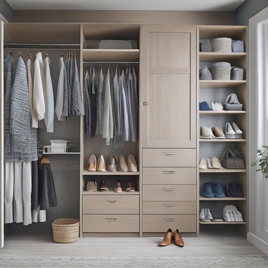 A serene, organized closet with a mix of open shelving and closed cabinetry, featuring a few, carefully selected garments on wooden hangers, and a few pairs of shoes aligned neatly on the floor.