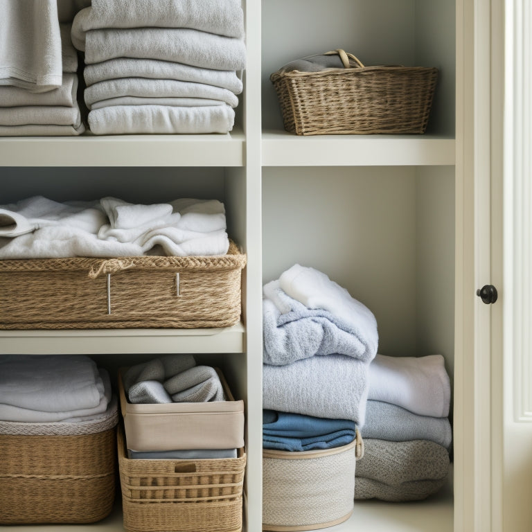 A serene, well-lit linen closet with neatly stacked, folded, and hung linens, baskets, and bins in a calming color palette, showcasing a sense of calm and organized simplicity.