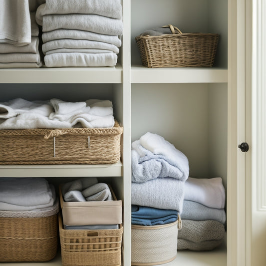 A serene, well-lit linen closet with neatly stacked, folded, and hung linens, baskets, and bins in a calming color palette, showcasing a sense of calm and organized simplicity.