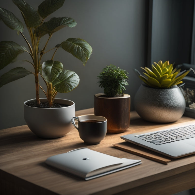 A well-lit, minimalist desk with a sleek laptop, a neatly organized notebook, and a few carefully placed plants, set against a calming, light-gray background with subtle wood accents.