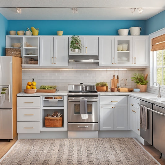 A bright, modern kitchen with a U-shaped layout, featuring a stainless steel sink, gas range, and refrigerator, with a pegboard, utensil organizers, and a cart with baskets and drawers.