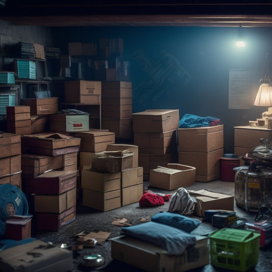 A dimly lit, cluttered storage room with boxes stacked haphazardly, a broken shelf, and a few scattered items on the floor, with a faint outline of a puzzle piece missing from the wall.