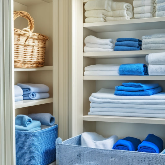 A serene, organized linen closet with crisp white shelves, woven baskets, and neatly folded towels in calming blue and white hues, illuminated by a soft, natural light.