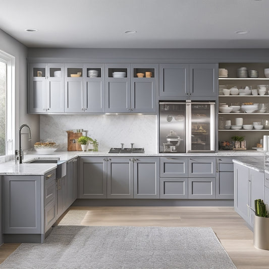 A modern, sleek kitchen with Wellborn Cabinets in a soft gray finish, featuring a wall of floor-to-ceiling storage with pull-out shelves, and a large island with built-in drawers and cabinets.