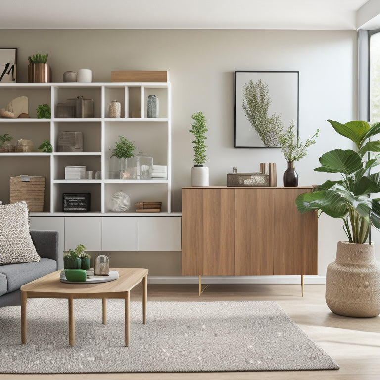 A modern, minimalist living room with sleek, wall-mounted shelves and cabinets in a light wood tone, holding neatly arranged household items, with a few plants and a vase on a clutter-free coffee table.