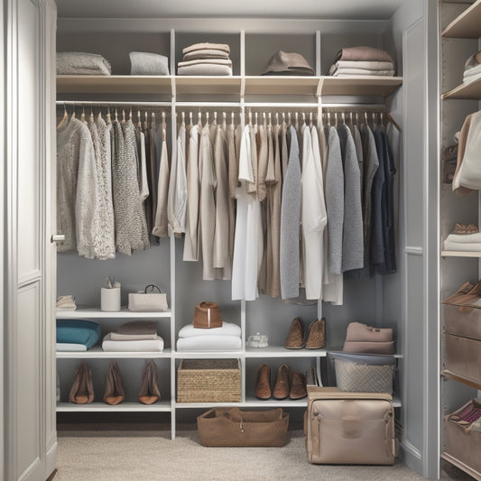 A serene, well-lit closet with a mix of hanging rods, shelves, and drawers, showcasing a harmonious balance of organized clothing, shoes, and accessories, with a few stylish decorative elements.