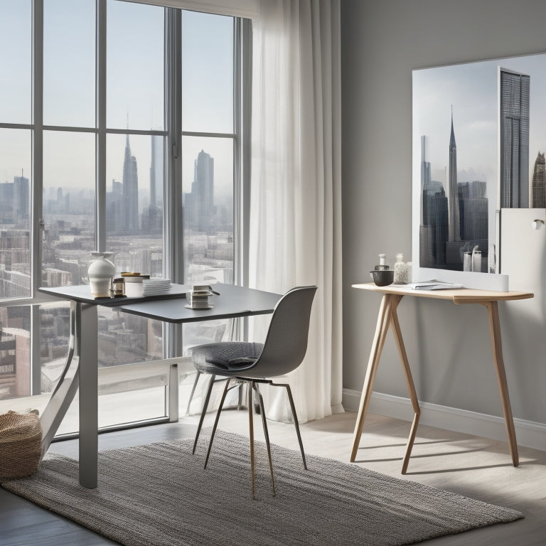 A clutter-free room with a wall-mounted folding table in a sleek, silver finish, surrounded by minimal decor, with a subtle hint of natural light and a blurred cityscape outside the window.