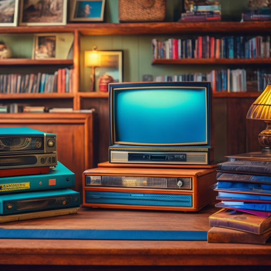 A warm, nostalgia-tinged scene: a vintage TV and VHS player on a wooden shelf, surrounded by stacks of old family photo albums, VHS tapes, and vinyl records, with a sleek laptop in the foreground.