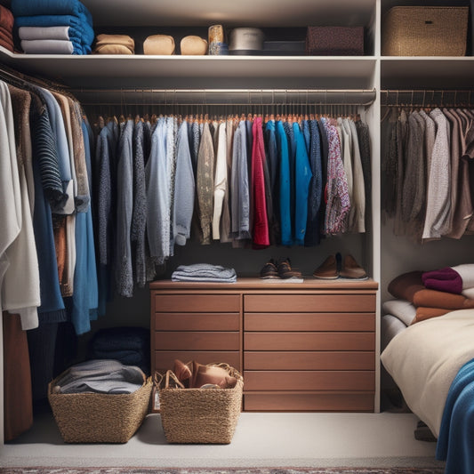A cluttered closet with clothes scattered on the floor, contrasted with a tidy and organized closet in the background, featuring shelves, drawers, and rods from a DIY organizer kit.