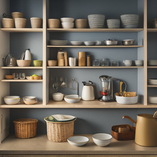 A tidy kitchen cabinet with adjustable shelves, baskets, and dividers, showcasing a utensil organizer, spice rack, and a stack of neatly arranged plates and bowls, with a subtle warm lighting effect.