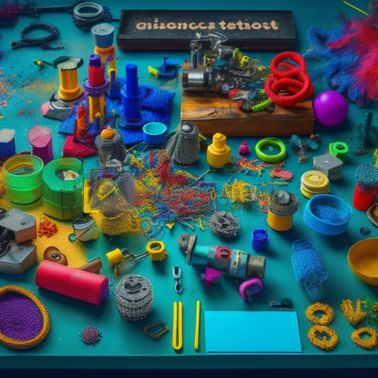 A colorful, cluttered worktable with various STEAM toy kits, scattered components, wires, gears, and tools, surrounded by curious, engaged children of diverse ages and abilities, with bright, creative sparks flying around them.
