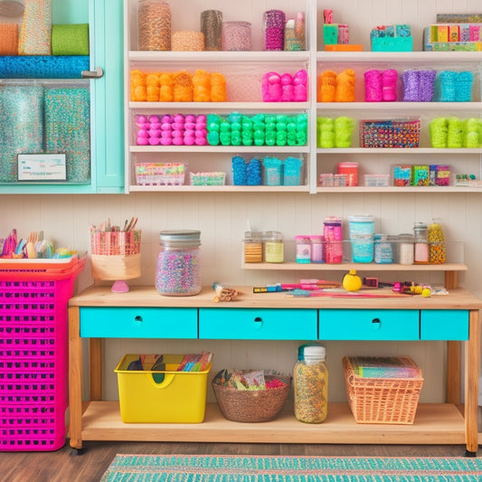 A vibrant and organized craft room with a pegboard on the wall, Mason jars on a wooden shelf, and a DIY storage cart with labeled bins, surrounded by colorful craft supplies and a few half-finished projects.