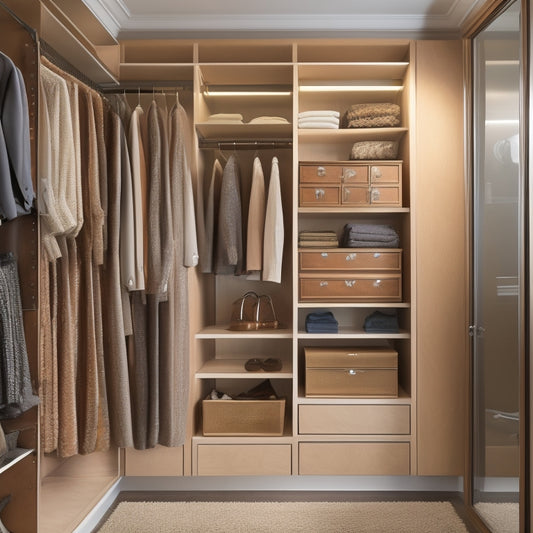 A serene, well-lit closet interior with custom-built shelves in a warm, honey-brown wood tone, adorned with elegant metal brackets and showcasing neatly organized clothing and accessories.