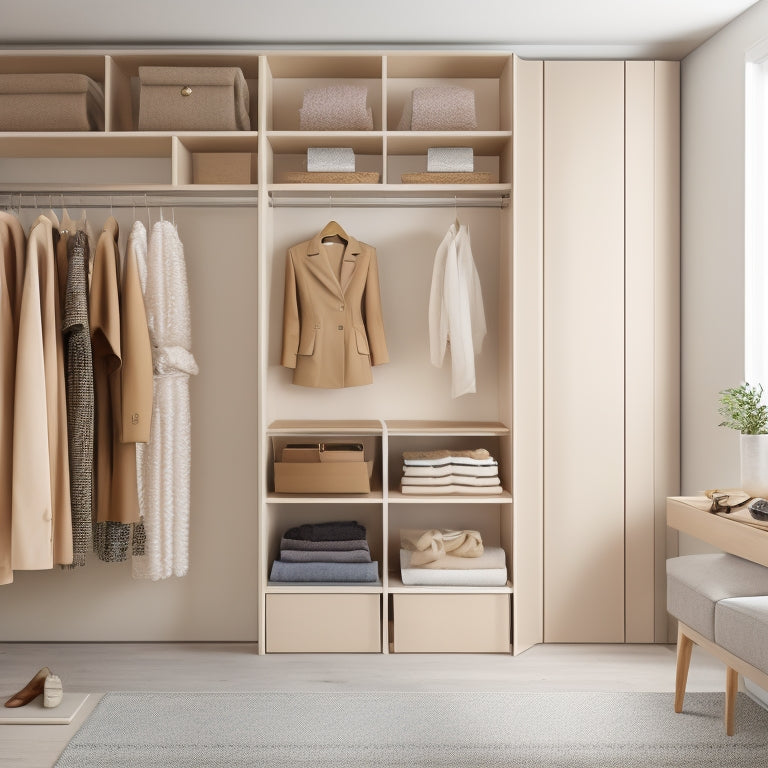 A minimalist, modern closet with sleek, floor-to-ceiling shelves in a light wood tone, adorned with stylish storage bins and baskets in neutral hues, surrounded by a few strategically placed garments.