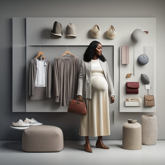 A minimalist, neutral-toned background featuring a petite, pregnant woman in her third trimester, surrounded by a curated selection of 10-12 stylish, mix-and-match clothing pieces.