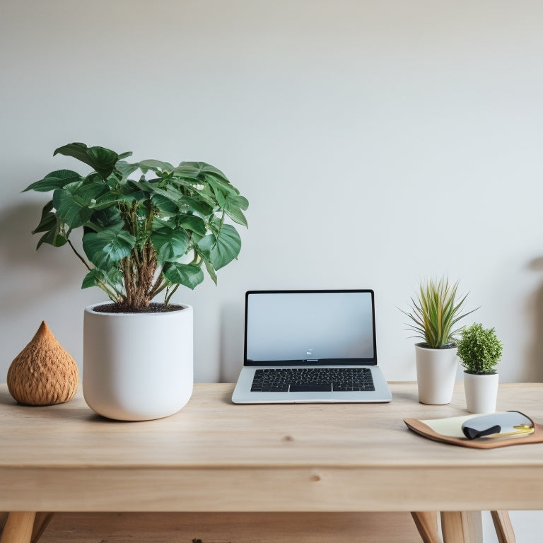 A serene, minimalist workspace with a laptop, a small potted plant, and a few essential items on a wooden desk, set against a soft, creamy white background.