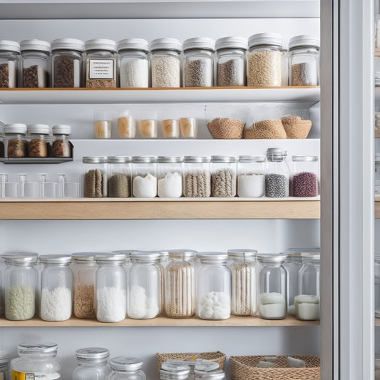 A tidy, modern pantry with sleek white shelves, featuring rows of identical, transparent glass jars with custom-made labels in various colors, and a few open jars revealing organized contents.