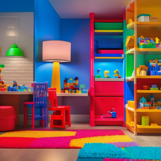 A colorful, well-lit playroom with a variety of LEGO storage solutions: stacked plastic bins, wall-mounted shelves, and a rotating display case, amidst a tidy, LEGO-filled background.