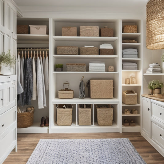 A serene, well-lit walk-in closet with a mix of open shelves, drawers, and hanging rods, showcasing a variety of DIY custom storage solutions, including woven baskets and wooden crates.