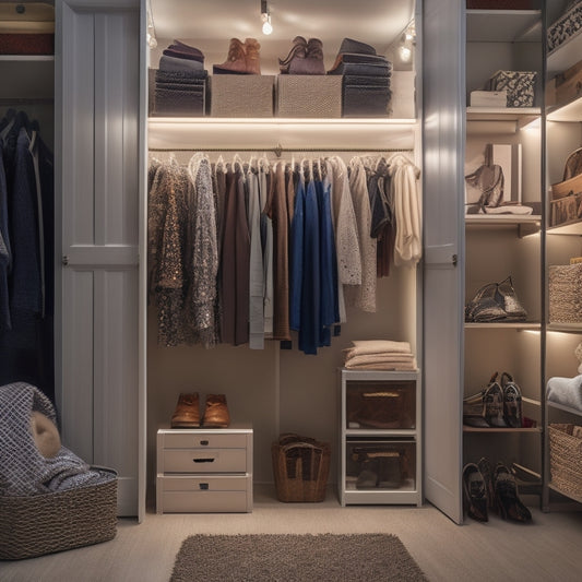 An organized closet with double rods, stacked storage bins, and hanging shoe organizers, illuminated by a string of fairy lights, with a few stylish outfits and accessories on display.