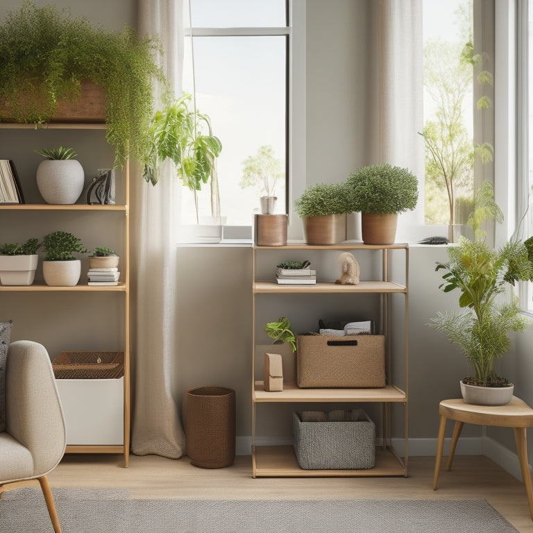 A tidy living room with a few well-placed storage bins, a labeled shelving unit, and a minimalist desk with a small potted plant, surrounded by a subtle background of soft, calming colors.