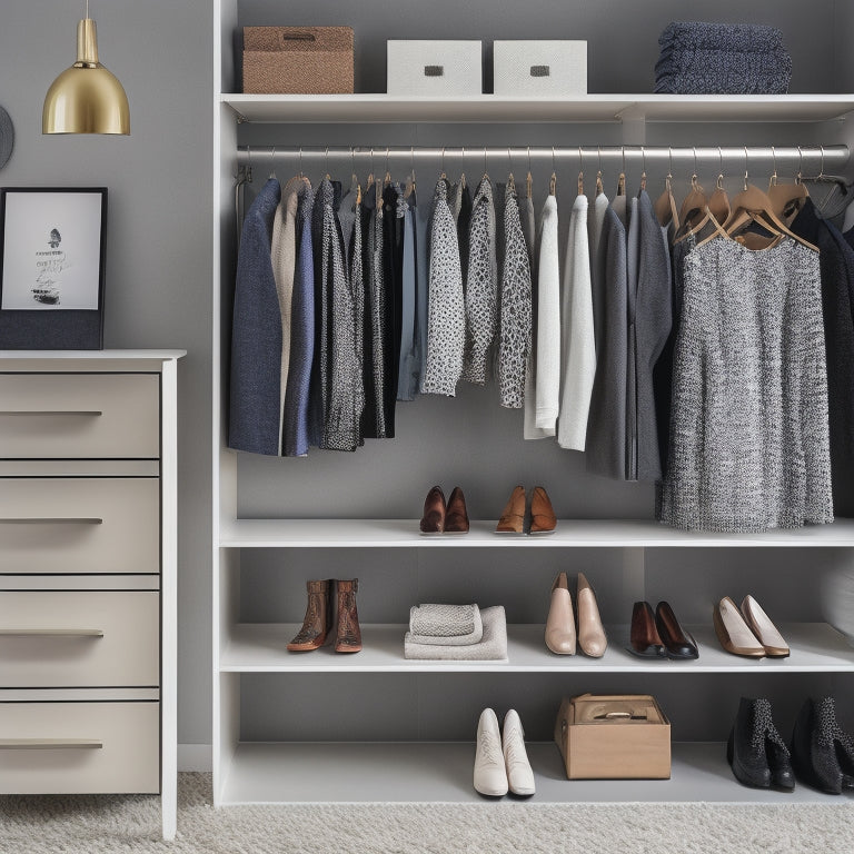 A minimalist, clutter-free closet with a smartphone on a shelf, surrounded by neatly organized clothes, shoes, and accessories, with a subtle grid pattern on the background.