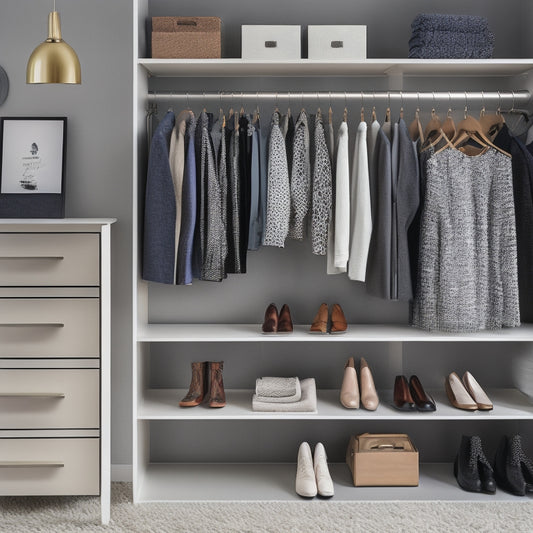 A minimalist, clutter-free closet with a smartphone on a shelf, surrounded by neatly organized clothes, shoes, and accessories, with a subtle grid pattern on the background.