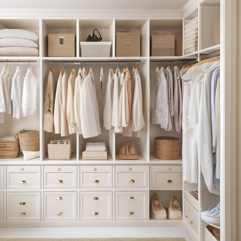 A serene, organized closet with a soft, creamy-white background, featuring a mix of open shelves, drawers, and rods, adorned with a few stylish outfits, shoes, and elegant accessories.