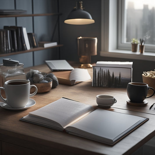 A tidy, minimalist desk with a partially filled-out workbook, a cup of steaming coffee, and a few organized folders, surrounded by a blurred background of a cluttered room transforming into a peaceful space.