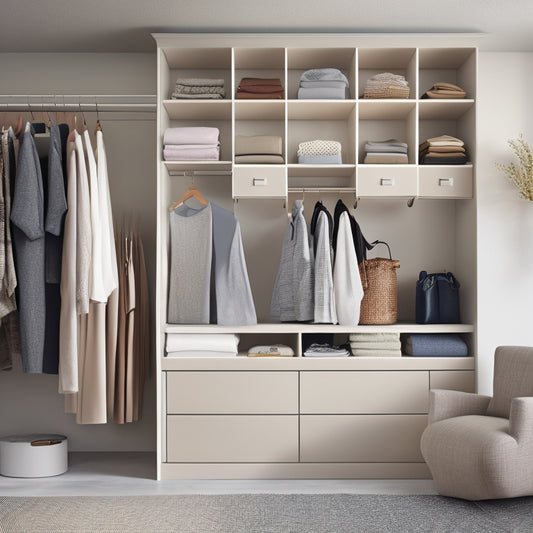 A minimalist, modern closet with a organized clothing rack, shelves, and drawers, featuring a mix of folded and hung clothes in a calming color palette, with a few stylish accessories.