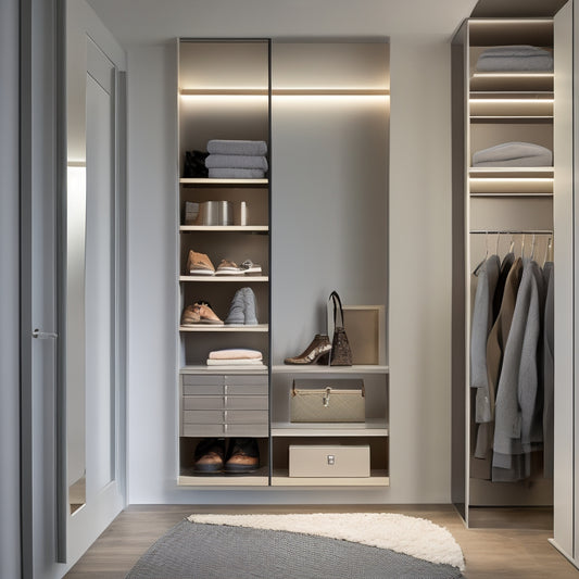 A minimalist, modern closet with sleek, floor-to-ceiling shelves, a built-in dresser, and a compact, rotating shoe rack, illuminated by warm, soft lighting and a large, circular mirror.