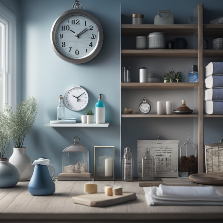 A tidy, well-lit home interior with a calendar on the wall, a clock showing 7:00 AM, and a few cleaning supplies arranged neatly on a shelf, surrounded by faint, subtle dust particles.