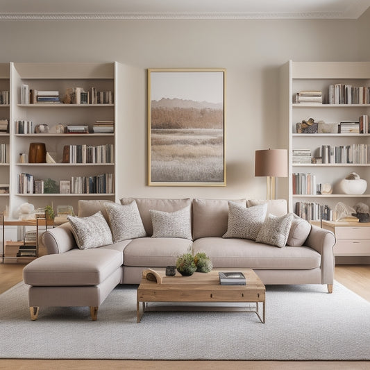A serene, clutter-free living room in Malvern with a neutral color palette, featuring a stylish sectional sofa, a minimalist coffee table, and floor-to-ceiling bookshelves with neatly arranged books and decorative objects.