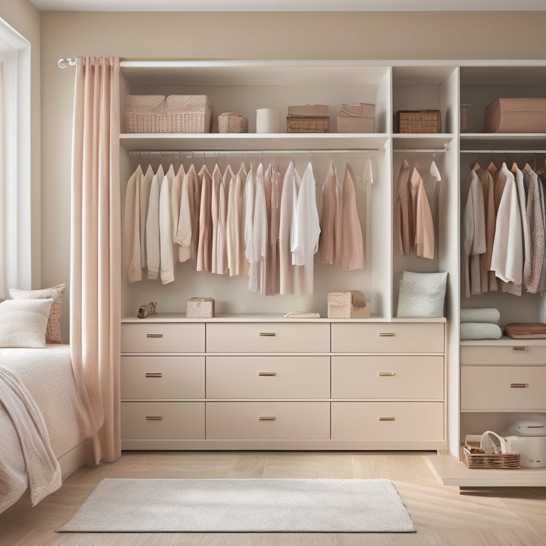 A serene bedroom with a floor-to-ceiling sliding closet organizer, featuring soft-close drawers, shelves, and rods, with a few outfits and accessories neatly arranged, against a calming beige background.