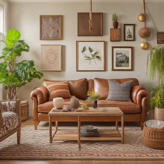 A warm, inviting living room with a mix of vintage and modern decor, featuring a refurbished wooden coffee table, a macrame plant hanger, and a gallery wall of eclectic art pieces.